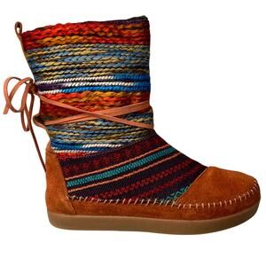 TOMS Nepal Cognac Suede Yarn Moccasin Boots Sz 8 Brown
